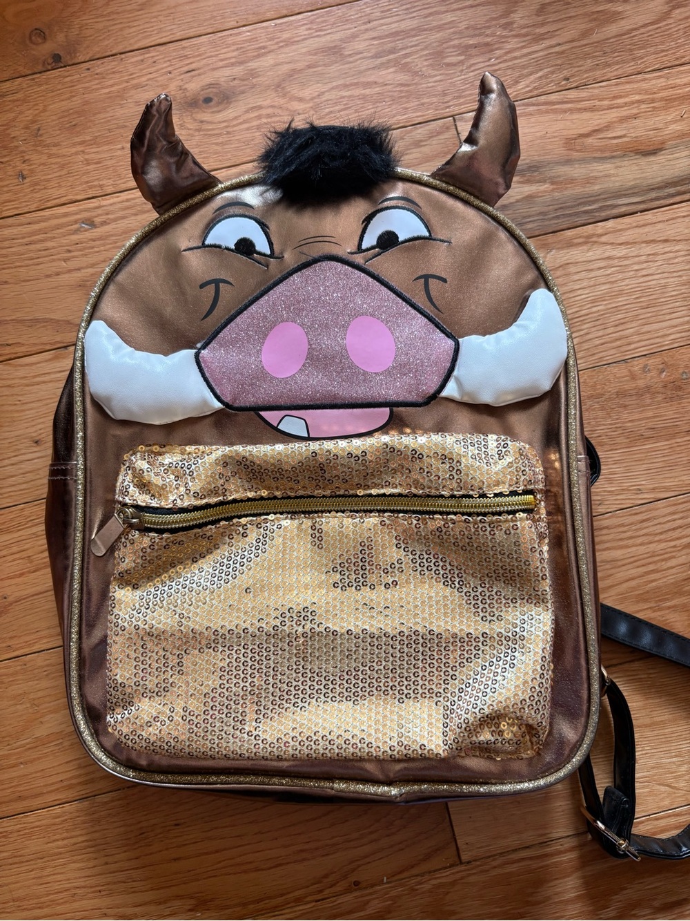 Disney Lion King Pumbaa Character Kids Backpack with Gold Sequin Pocket